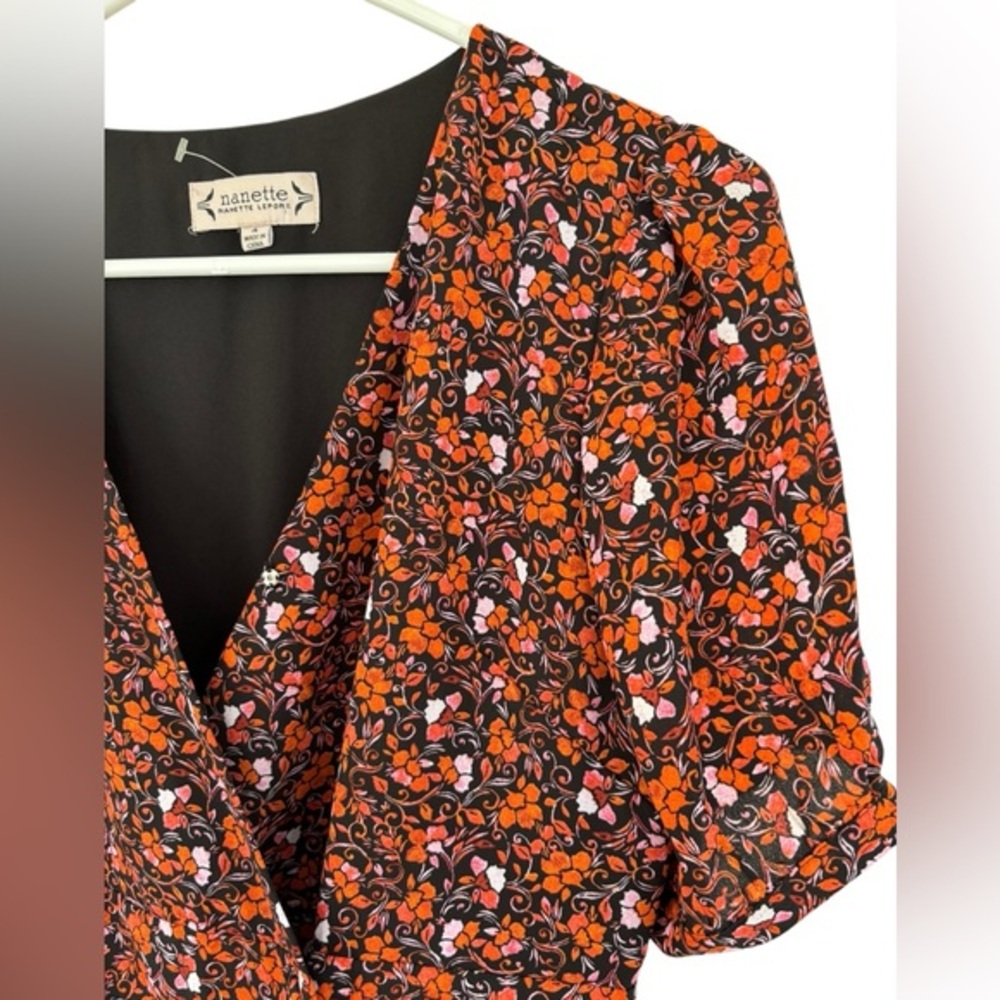 NWT Nanette Lapore Women's Black/Orange Floral Puff Sleeve Wrap Dress Size 4 - Picture 4 of 9